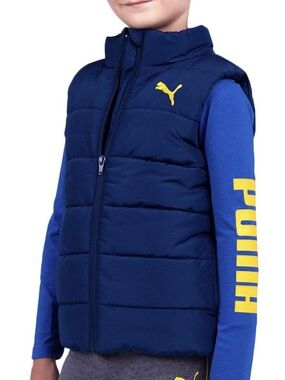 Puma Navy Quilted Kids Puffer Vest with Yellow Logo